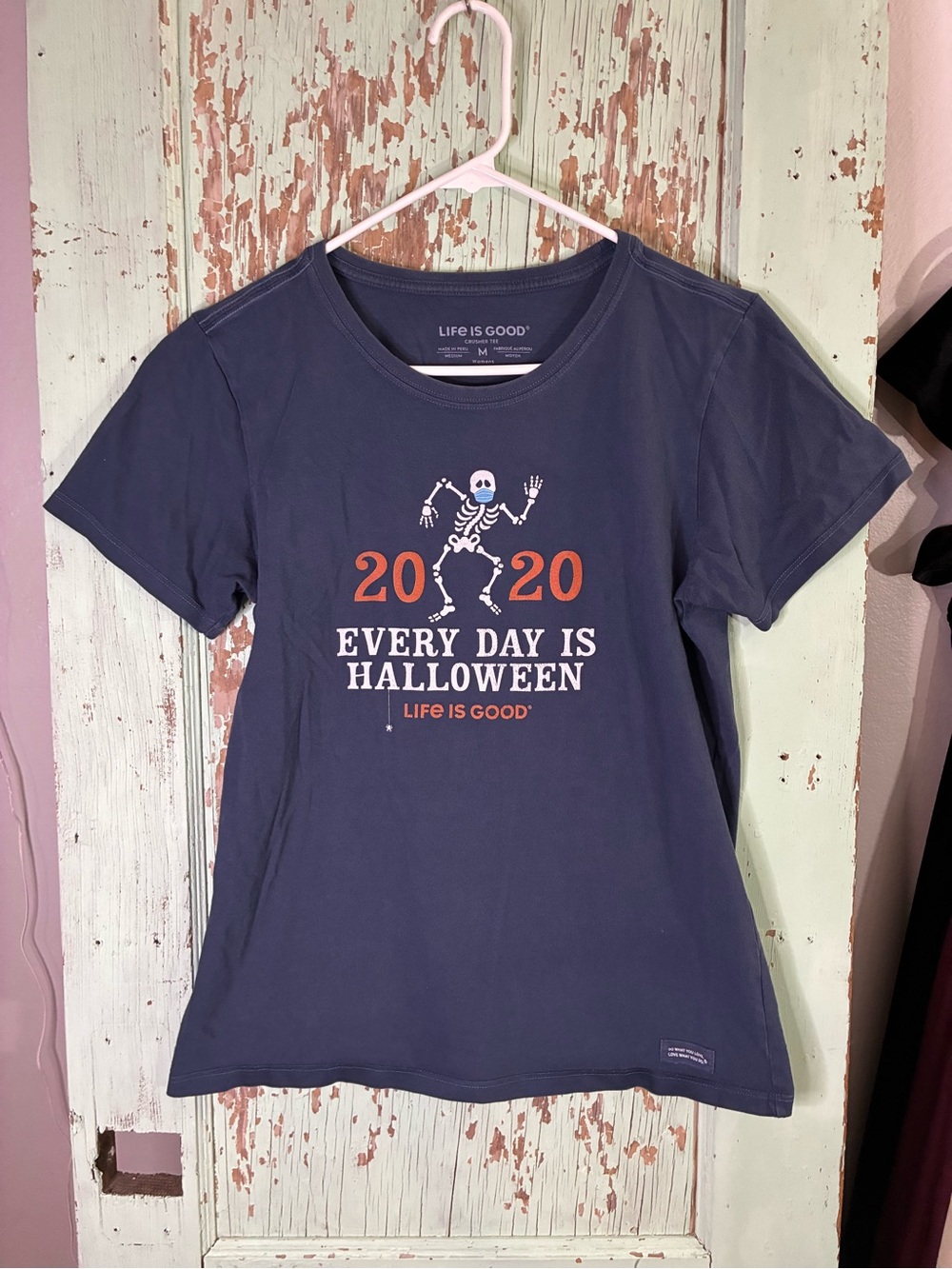 Life Is Good Navy Short Sleeve Tee with Orange & White Halloween Graphic